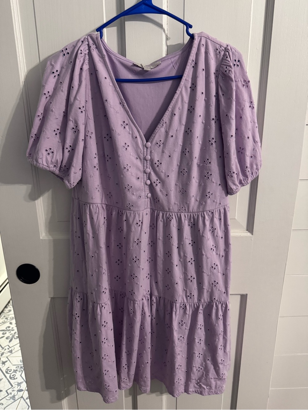LOFT Lilac Eyelet Tiered V-Neck Dress with Puff Sleeves